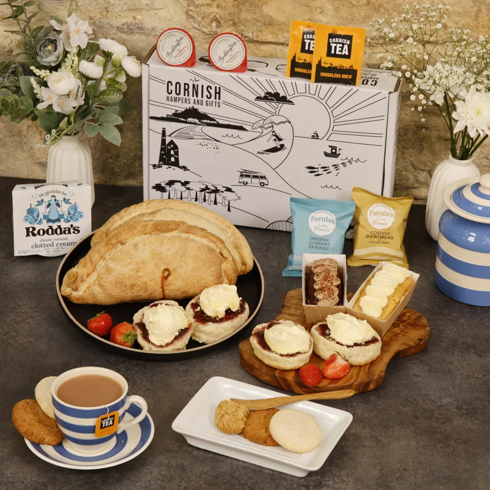 Two-person afternoon tea with Cornish pasties and sweet treats