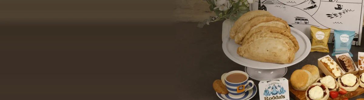 Cornish cream tea with pasties, scones, Rodda's clotted cream and Furniss biscuits