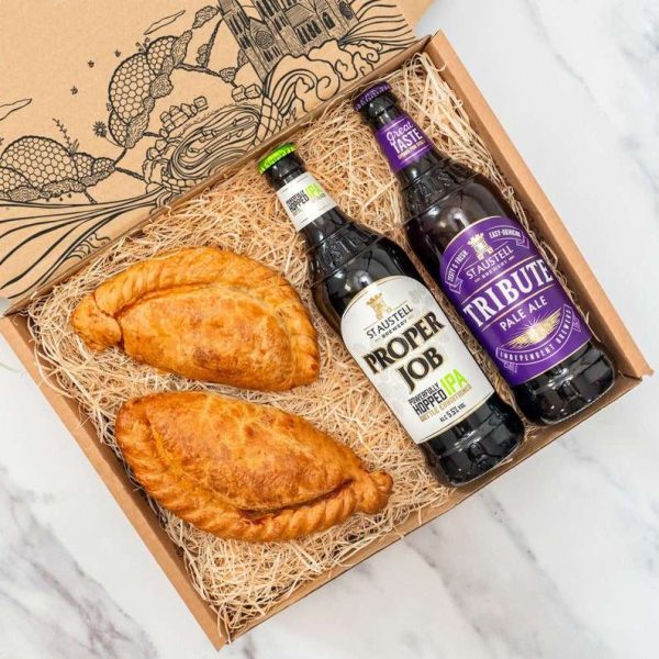 Two pasties with Cornish ale and savoury nibbles