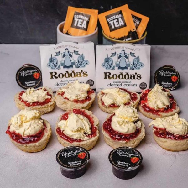 Gluten-free scones, jam and cream in a tea hamper for four