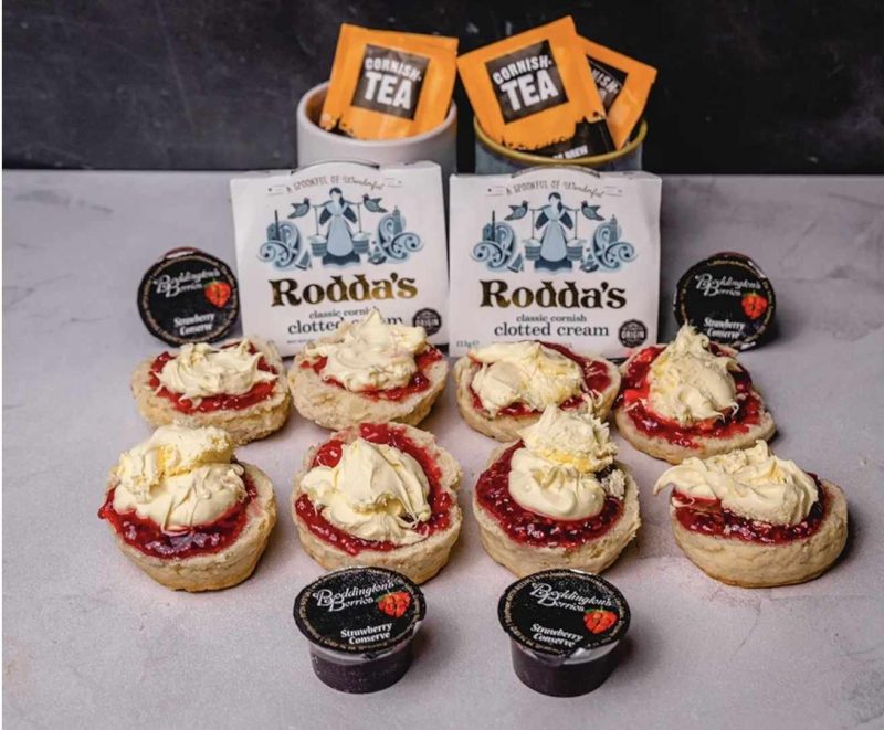 Gluten-free scones, jam and cream in a tea hamper for four