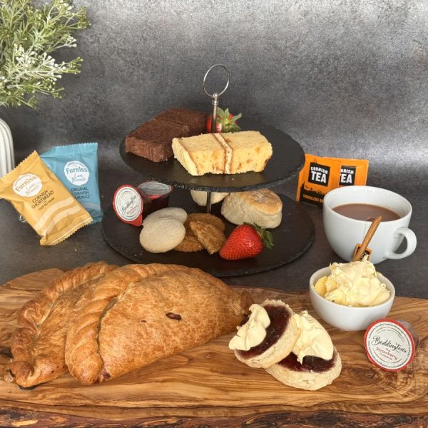 Two-person afternoon tea with Cornish pasties and sweet treats