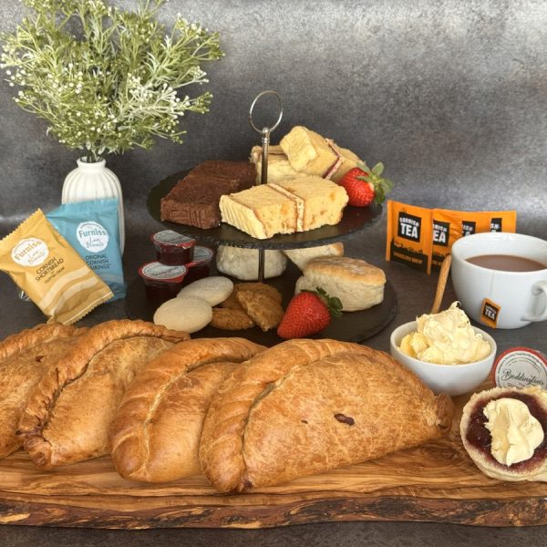 Cream tea hamper with pasties, scones, jam, and biscuits