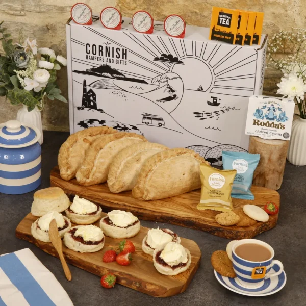 Cornish pasty and cream tea hamper with scones and clotted cream
