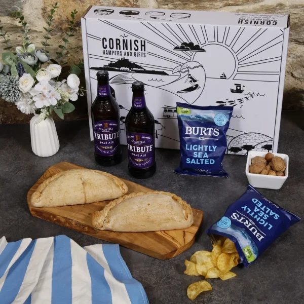 Two pasties with Cornish ale and savoury nibbles